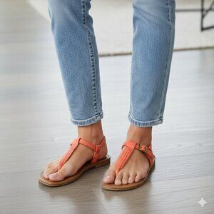 Aldo Women's T-Strap Flat Sandals Braided Coral Pink 7 Resort beach vacation